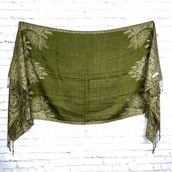 Green SOLD🚫NWOT 2-|•PASHMINA•| 1 GREEN + 1 RED/GOLD 70% Pashmina + 30 % Silk - Picture 11 of 16
